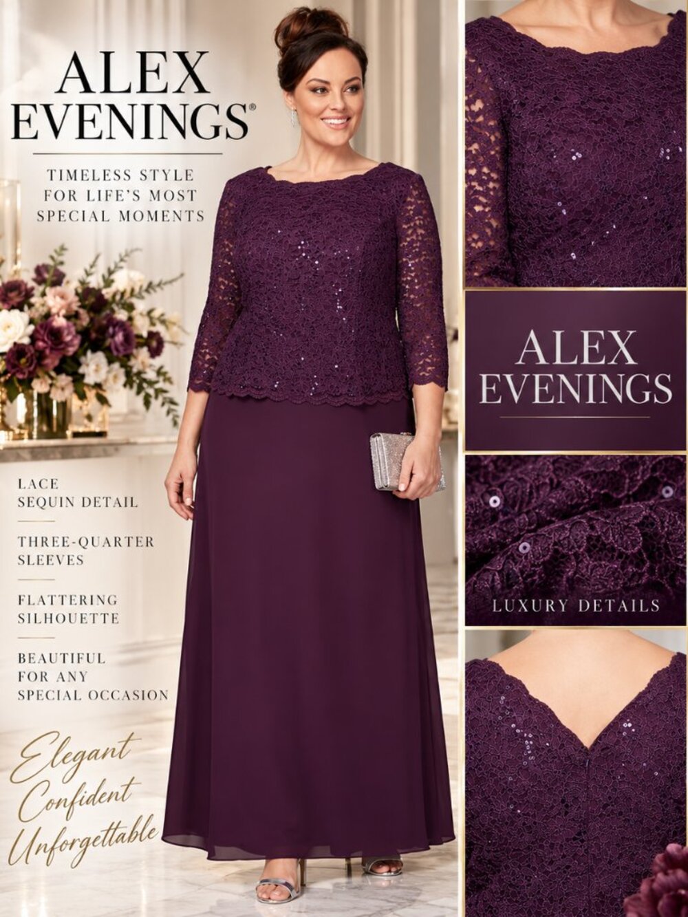 Alex Evenings Plus Plum Sequin Lace Formal Gown 16W NWT
